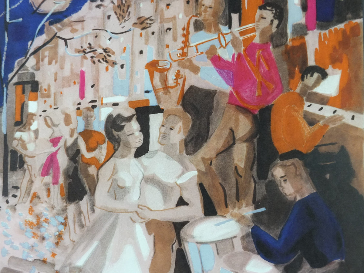1964 Georges Lambert Poster, bright painting of musicians playing music in a French village by the sea, French Paris, wall art decor