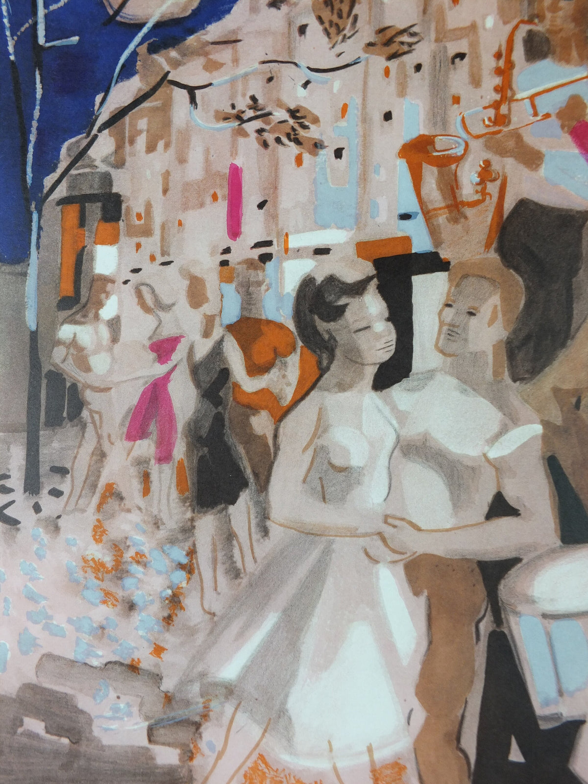 1964 Georges Lambert Poster, bright painting of musicians playing music in a French village by the sea, French Paris, wall art decor
