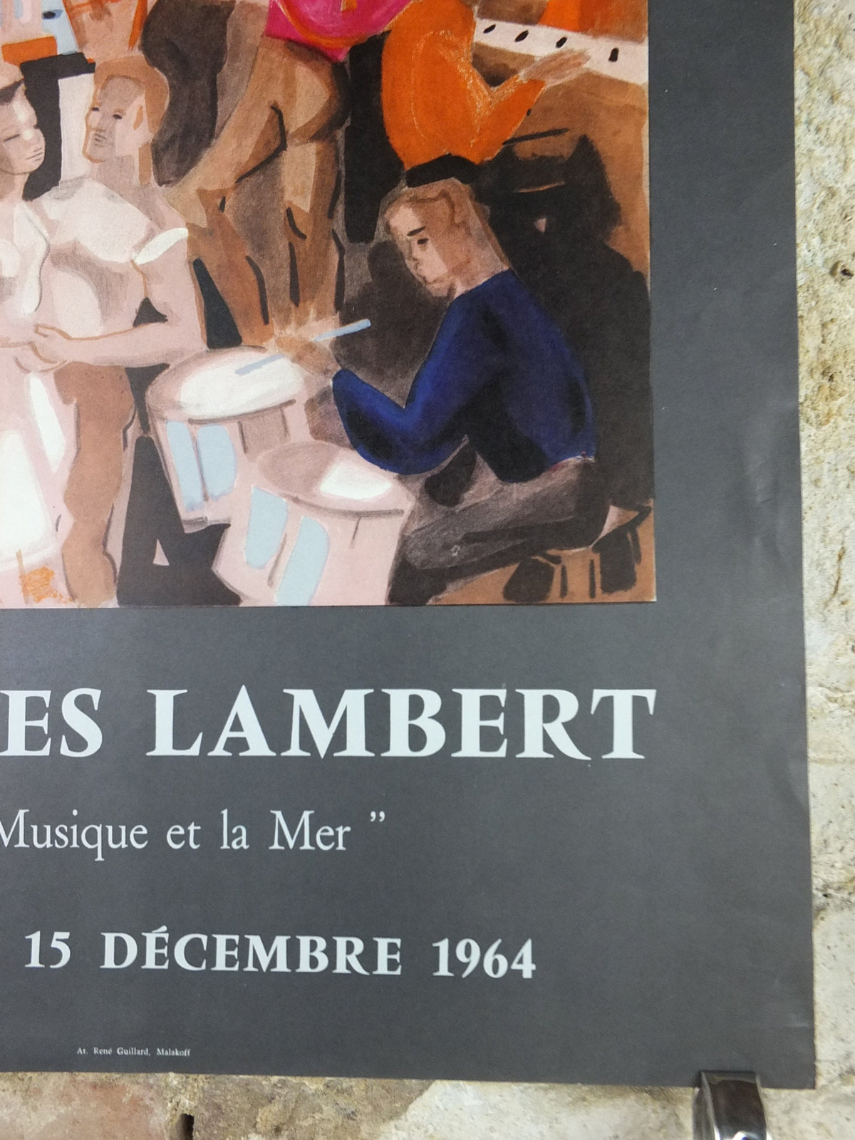 1964 Georges Lambert Poster, bright painting of musicians playing music in a French village by the sea, French Paris, wall art decor