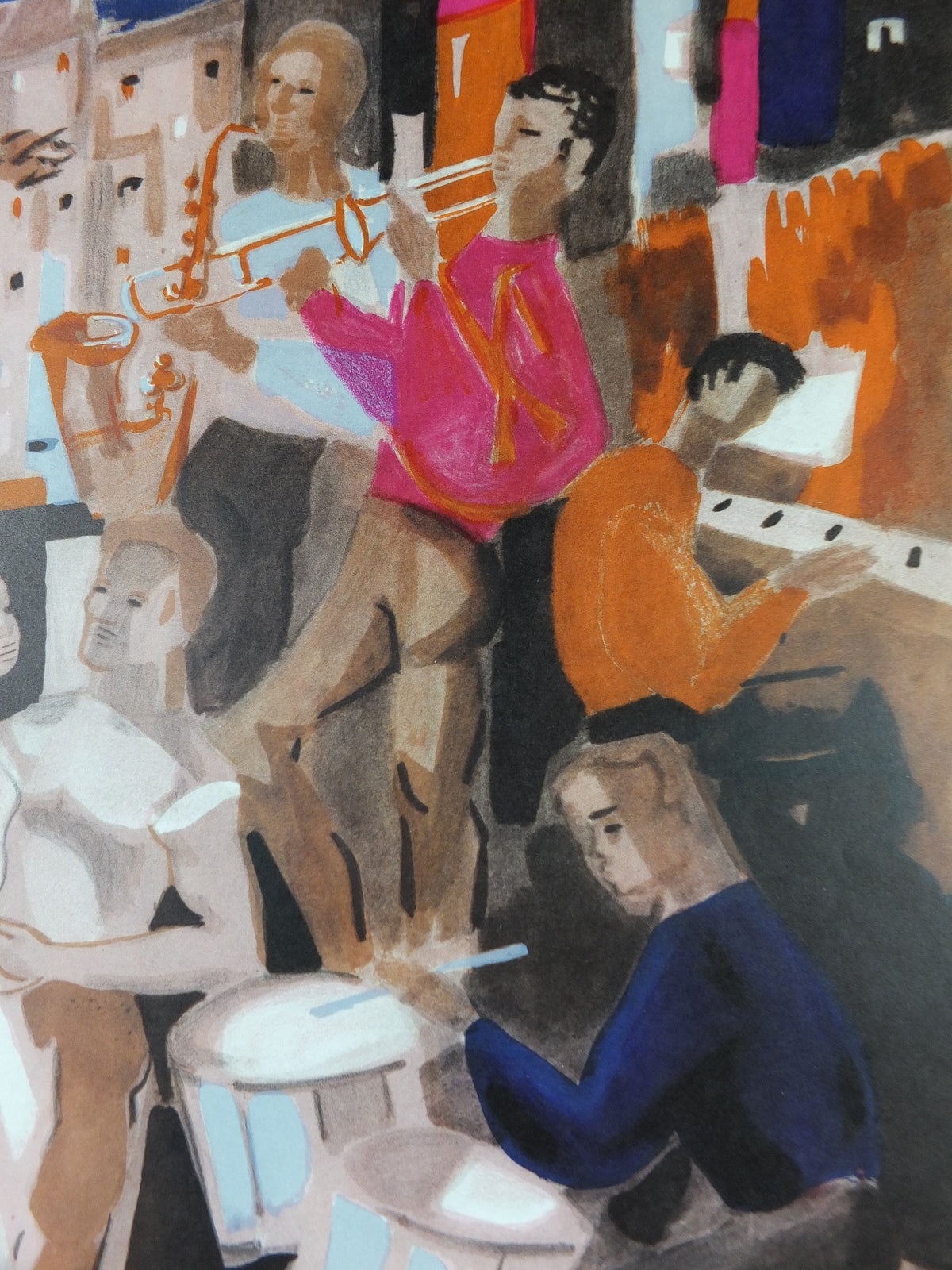 1964 Georges Lambert Poster, bright painting of musicians playing music in a French village by the sea, French Paris, wall art decor