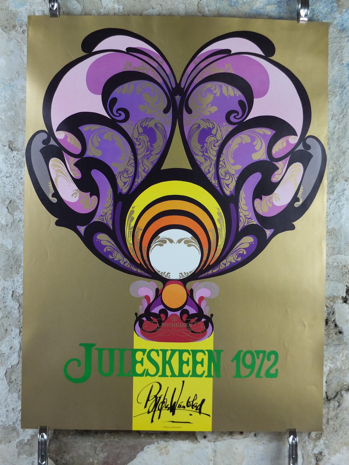 1972 Bjørn Wiinblad Poster, Christmas tea spoons, Gold, Juleskeen, by royal appointment for A Michelsen, advertising wall art decor