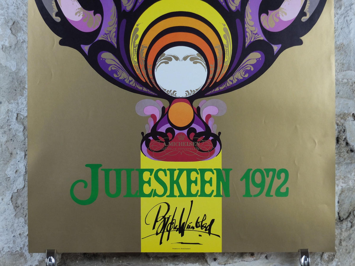1972 Bjørn Wiinblad Poster, Christmas tea spoons, Gold, Juleskeen, by royal appointment for A Michelsen, advertising wall art decor