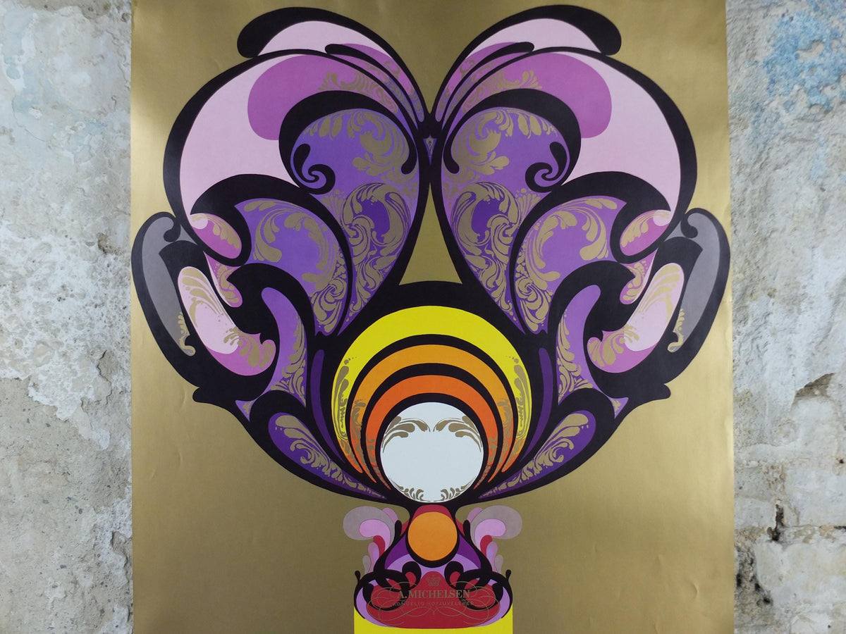 1972 Bjørn Wiinblad Poster, Christmas tea spoons, Gold, Juleskeen, by royal appointment for A Michelsen, advertising wall art decor