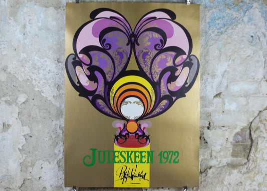 1972 Bjørn Wiinblad Poster, Christmas tea spoons, Gold, Juleskeen, by royal appointment for A Michelsen, advertising wall art decor