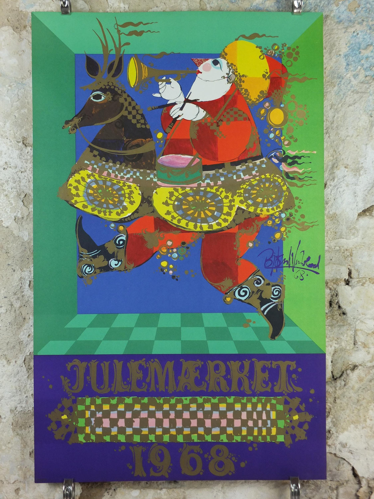 1968 Bjørn Wiinblad Poster, Christmas Market, Julemaerket, Santa Claus horse riding, blowing trumpet, Julemanden advertising wall art decor