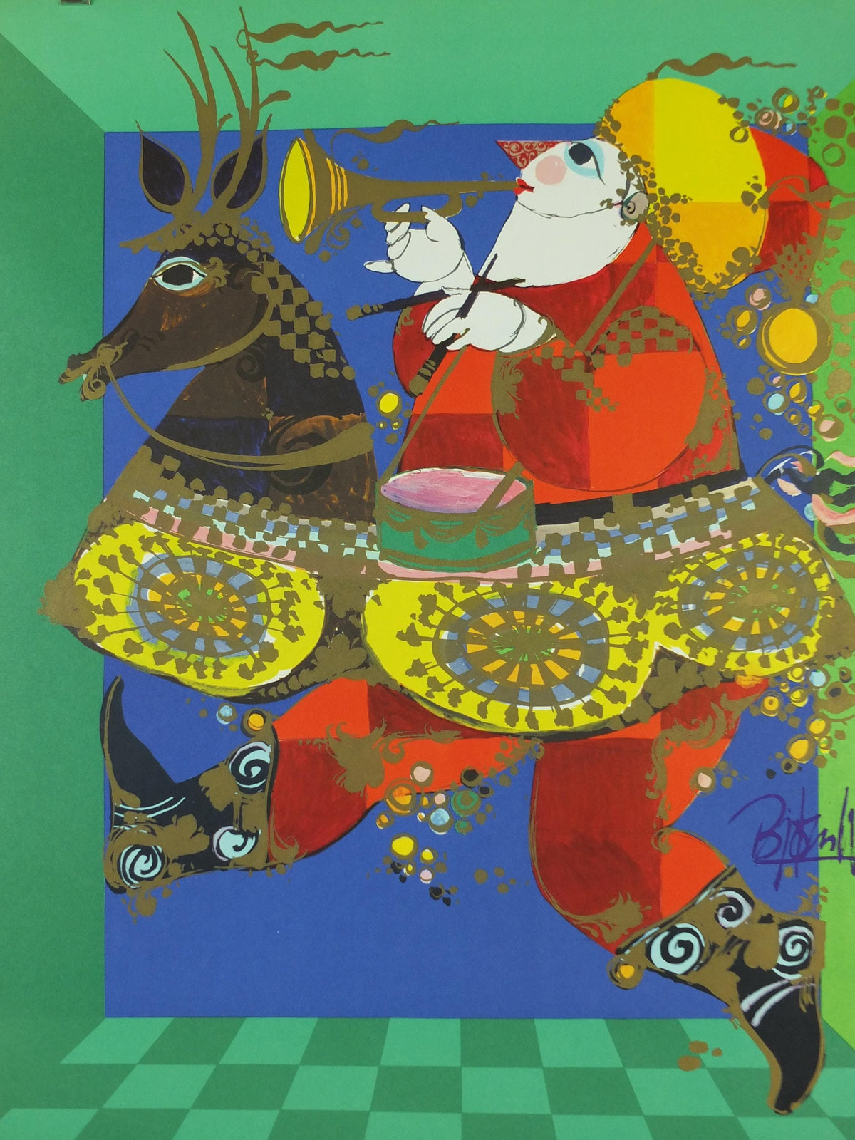 1968 Bjørn Wiinblad Poster, Christmas Market, Julemaerket, Santa Claus horse riding, blowing trumpet, Julemanden advertising wall art decor