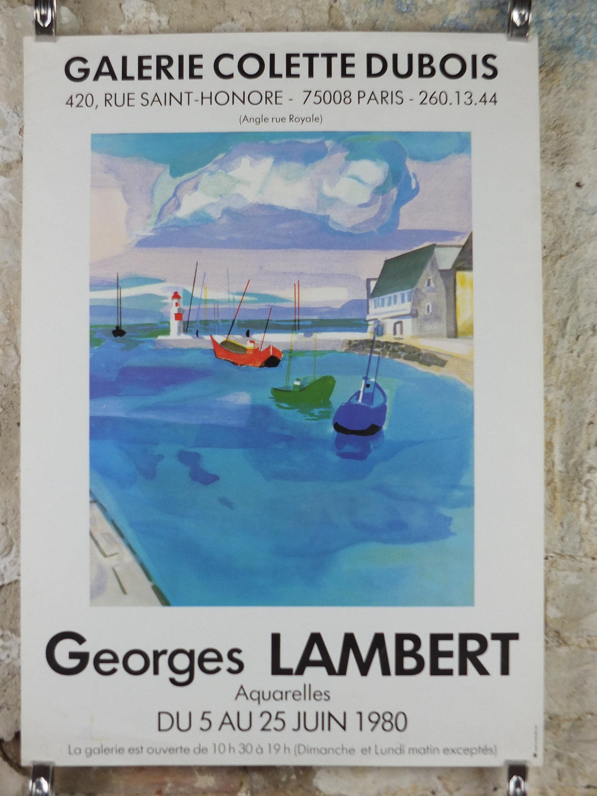 1980 Georges Lambert Poster, sailing boats in a harbour in a French village by the sea on a cloudy day, French Paris, wall art decor