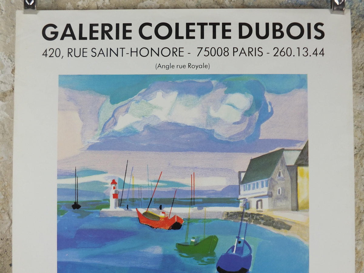 1980 Georges Lambert Poster, sailing boats in a harbour in a French village by the sea on a cloudy day, French Paris, wall art decor