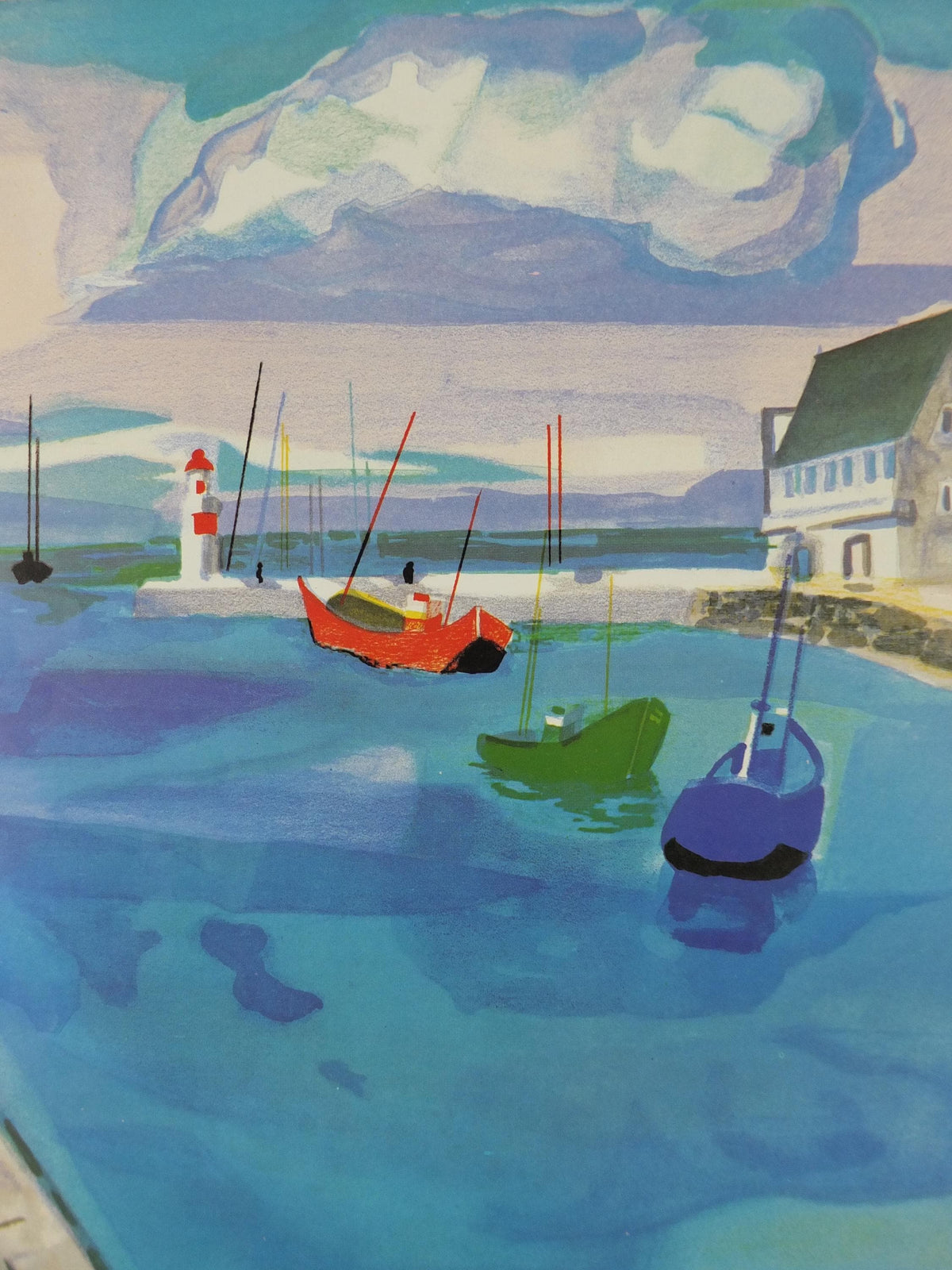 1980 Georges Lambert Poster, sailing boats in a harbour in a French village by the sea on a cloudy day, French Paris, wall art decor
