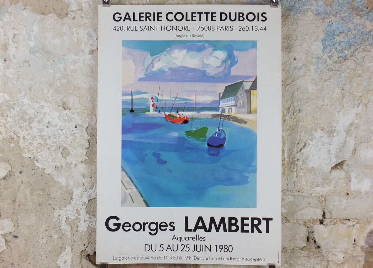 1980 Georges Lambert Poster, sailing boats in a harbour in a French village by the sea on a cloudy day, French Paris, wall art decor