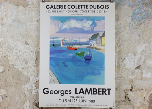 1980 Georges Lambert Poster, sailing boats in a harbour in a French village by the sea on a cloudy day, French Paris, wall art decor