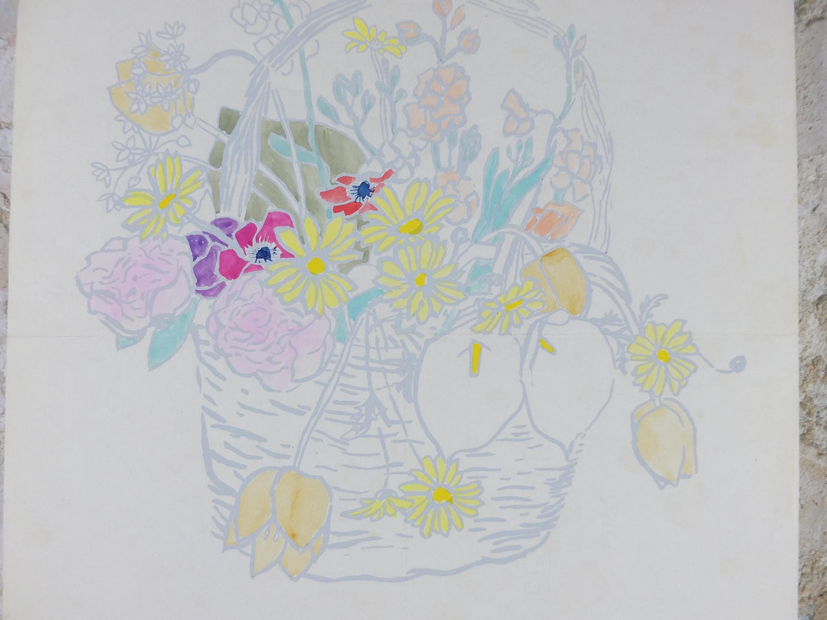 1958 Fred Jessup Poster, still life basket with flowers, light French naive art, artist gallery exhibition, wall art decor