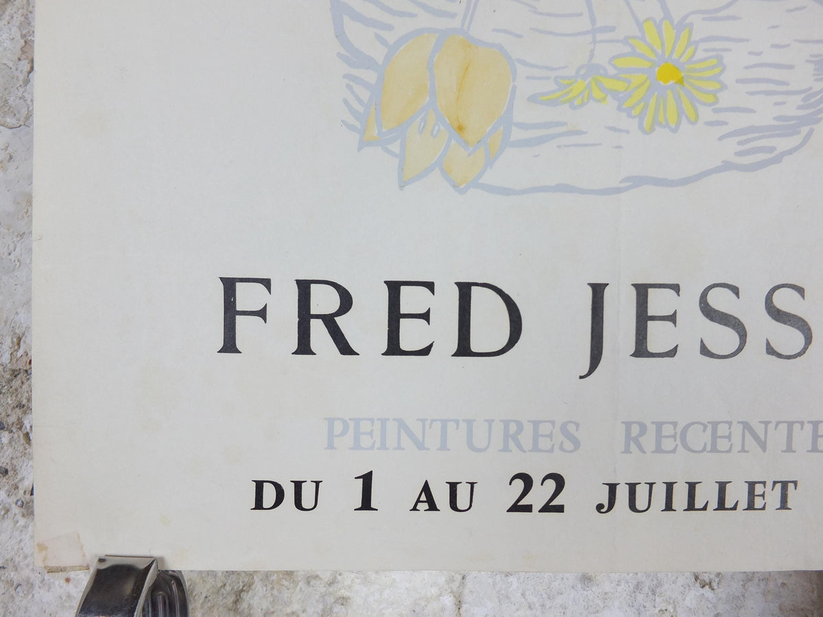 1958 Fred Jessup Poster, still life basket with flowers, light French naive art, artist gallery exhibition, wall art decor