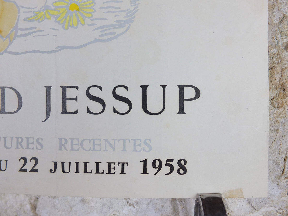 1958 Fred Jessup Poster, still life basket with flowers, light French naive art, artist gallery exhibition, wall art decor