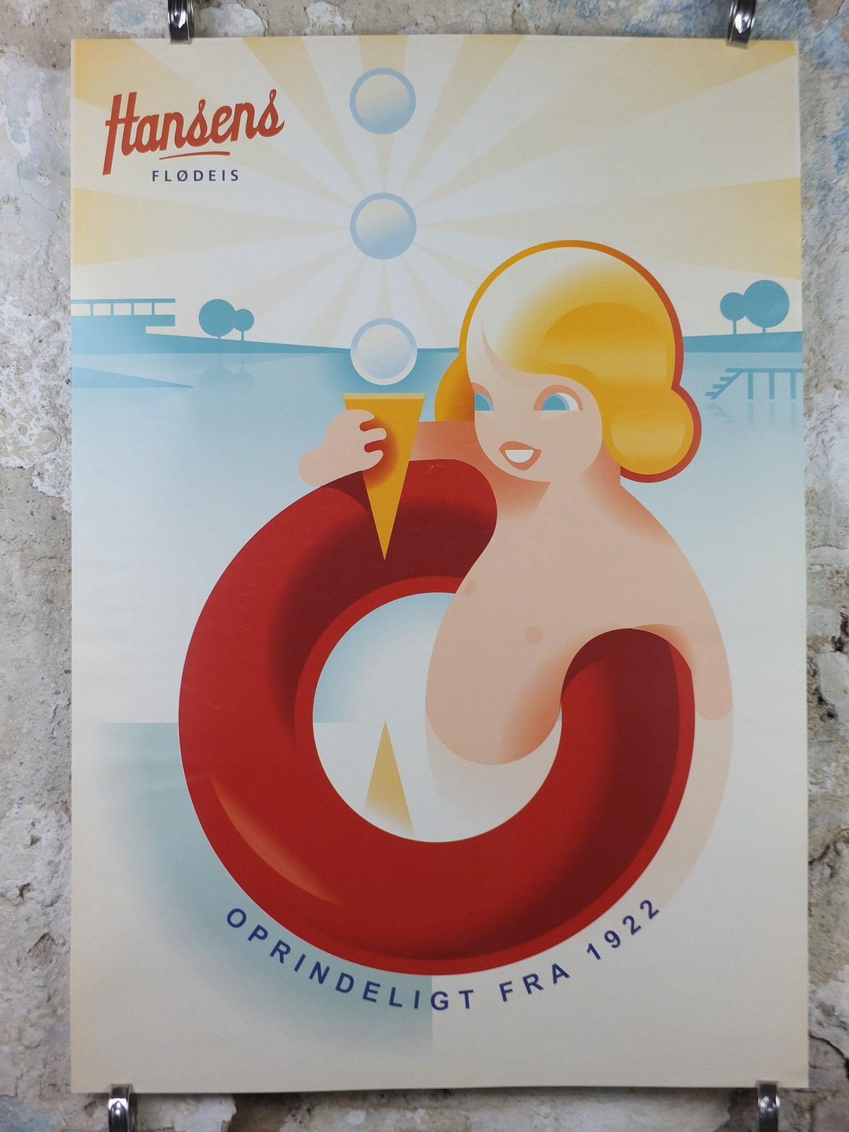 Hansens Ice Cream Poster, Hansens flødeis, girl with ice cream in a swimming ring, advertising retro wall art decor