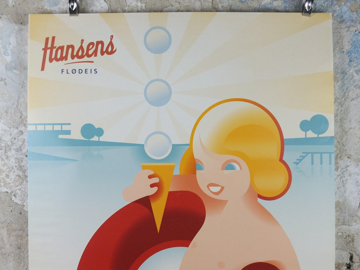 Hansens Ice Cream Poster, Hansens flødeis, girl with ice cream in a swimming ring, advertising retro wall art decor