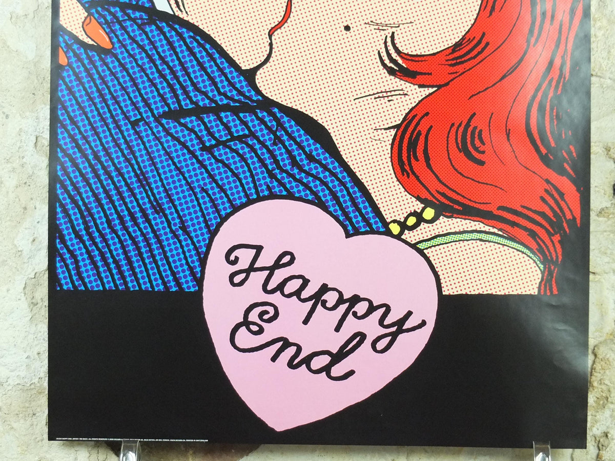 2008 Happy End Poster, pop art kiss under a full moon, by Tee Buzz, Pop Art artist gallery exhibition, wall art decor