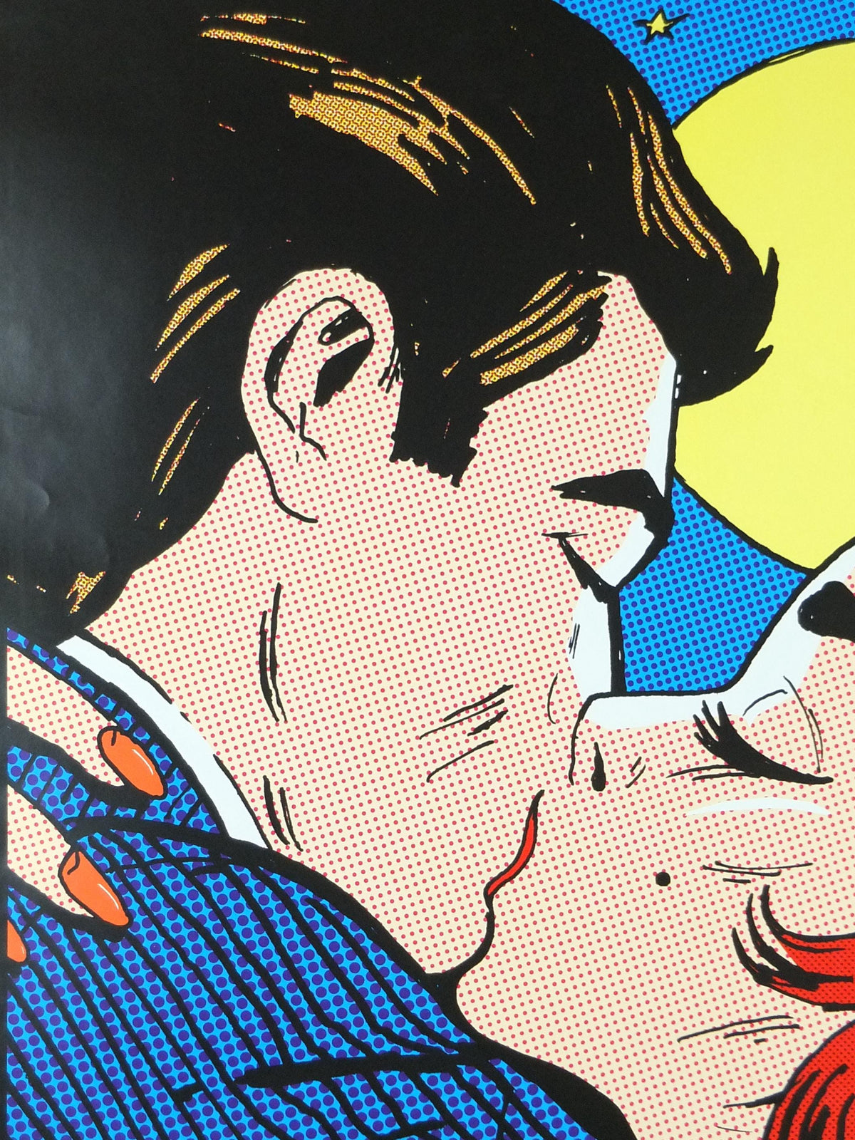 2008 Happy End Poster, pop art kiss under a full moon, by Tee Buzz, Pop Art artist gallery exhibition, wall art decor