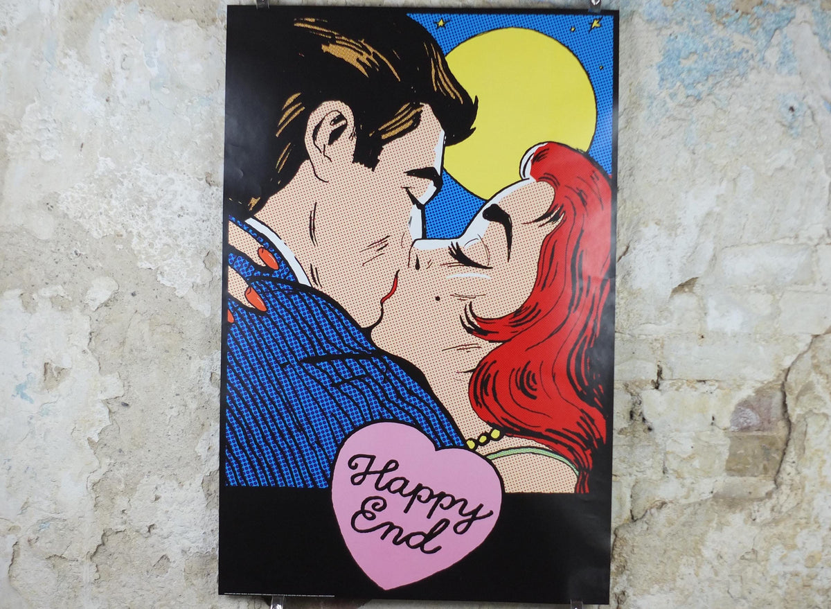 2008 Happy End Poster, pop art kiss under a full moon, by Tee Buzz, Pop Art artist gallery exhibition, wall art decor