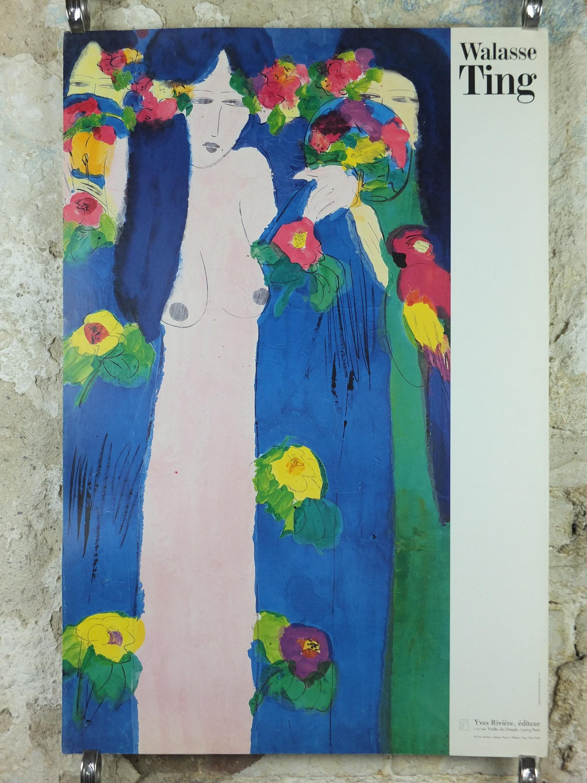 1990 Walasse Ting Poster, Three ladies with fans and parrots, colourful popular figuratism, pop art, gallery, wall art decor