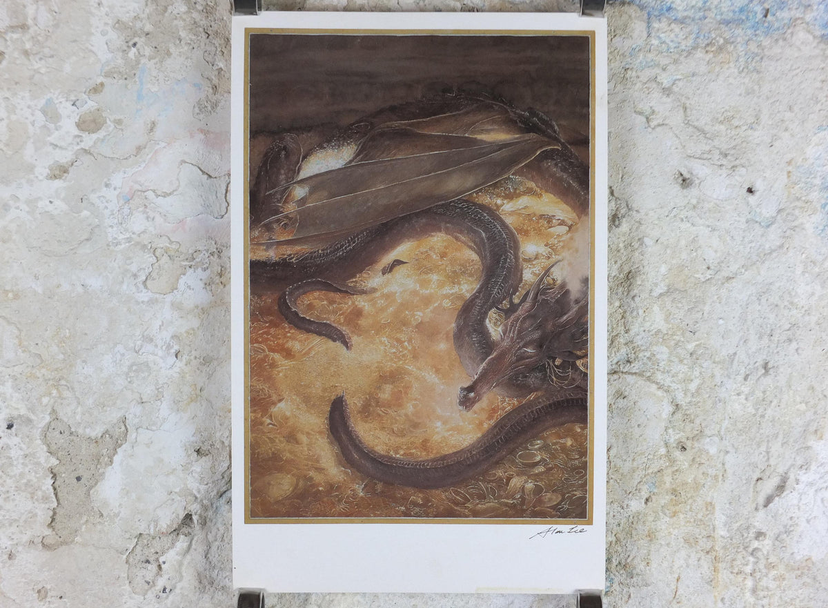 Signed 1997 Smaug Poster, by Alan Lee, Under the Lonely Mountain from The Hobbit, J.R.R. Tolkien, Erebor, illustration print wall art decor