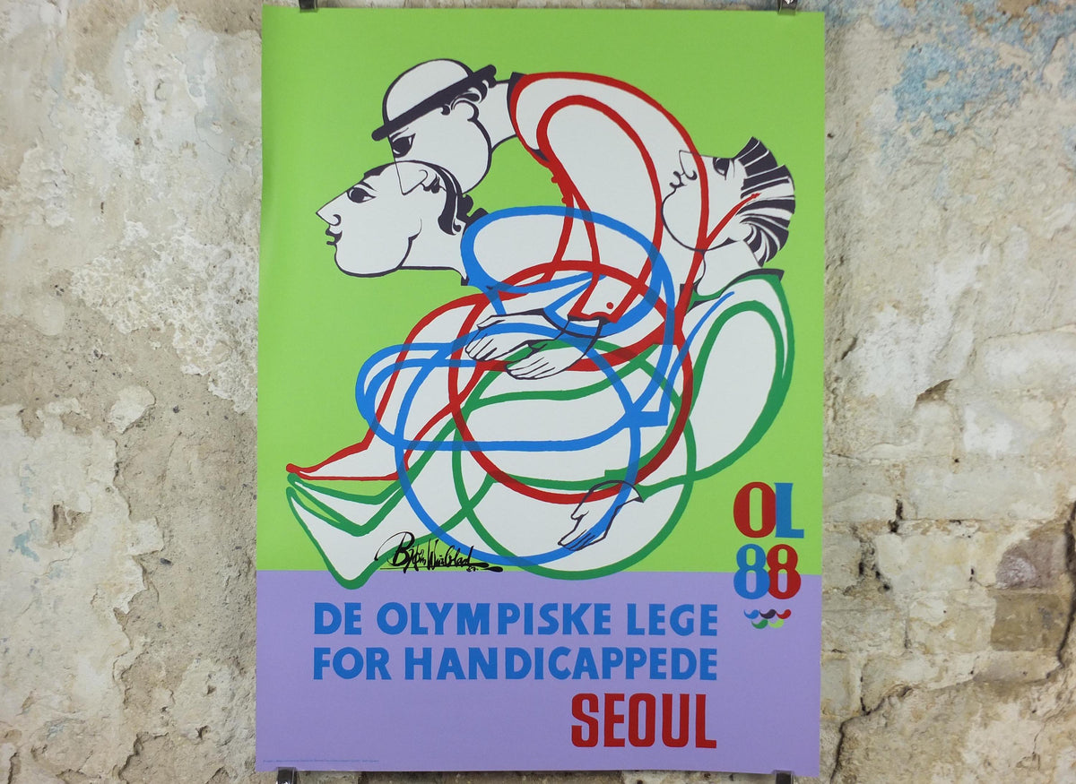 1988 Bjørn Wiinblad Poster, Seoul Olympics and Paralympics, Wheelchair Racing, sport wall art decor