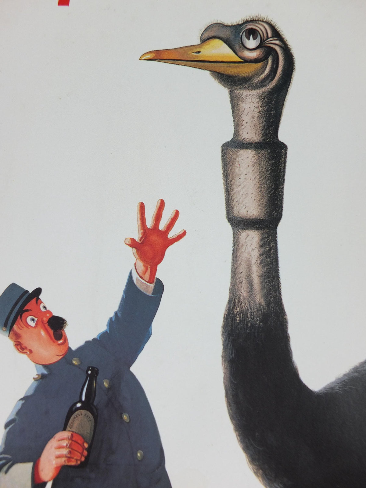 1981 John Gilroy Guinness Toucan Poster, Ostrich 1936, Guinness Zookeeper with ostrich who has swallowed his pint, wall art retro decor