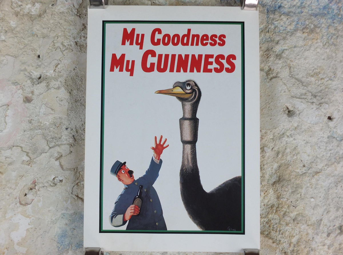 1981 John Gilroy Guinness Toucan Poster, Ostrich 1936, Guinness Zookeeper with ostrich who has swallowed his pint, wall art retro decor