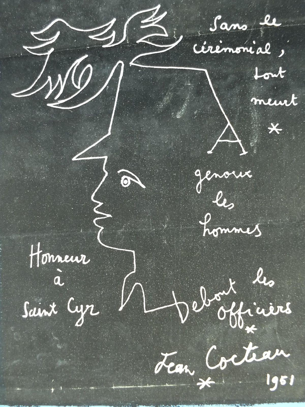 1951 Jean Cocteau Poster, The Triumph of Saint-Cyr 1951, Promotion du Garigliano, surrealist avant-garde Dada, exhibition wall art decor