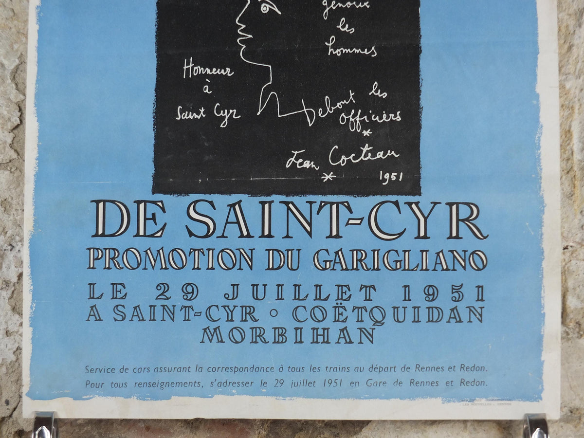 1951 Jean Cocteau Poster, The Triumph of Saint-Cyr 1951, Promotion du Garigliano, surrealist avant-garde Dada, exhibition wall art decor