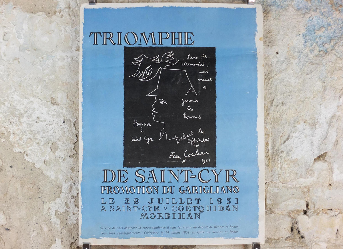 1951 Jean Cocteau Poster, The Triumph of Saint-Cyr 1951, Promotion du Garigliano, surrealist avant-garde Dada, exhibition wall art decor