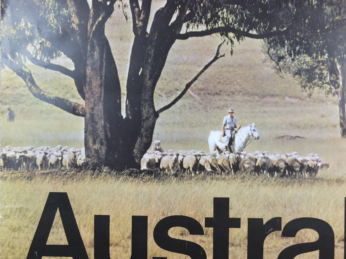 1969 Australia Outback Poster, The Big Country, Sheep farmer on horseback, yellow prairie haze, travel & tourism wall art decor