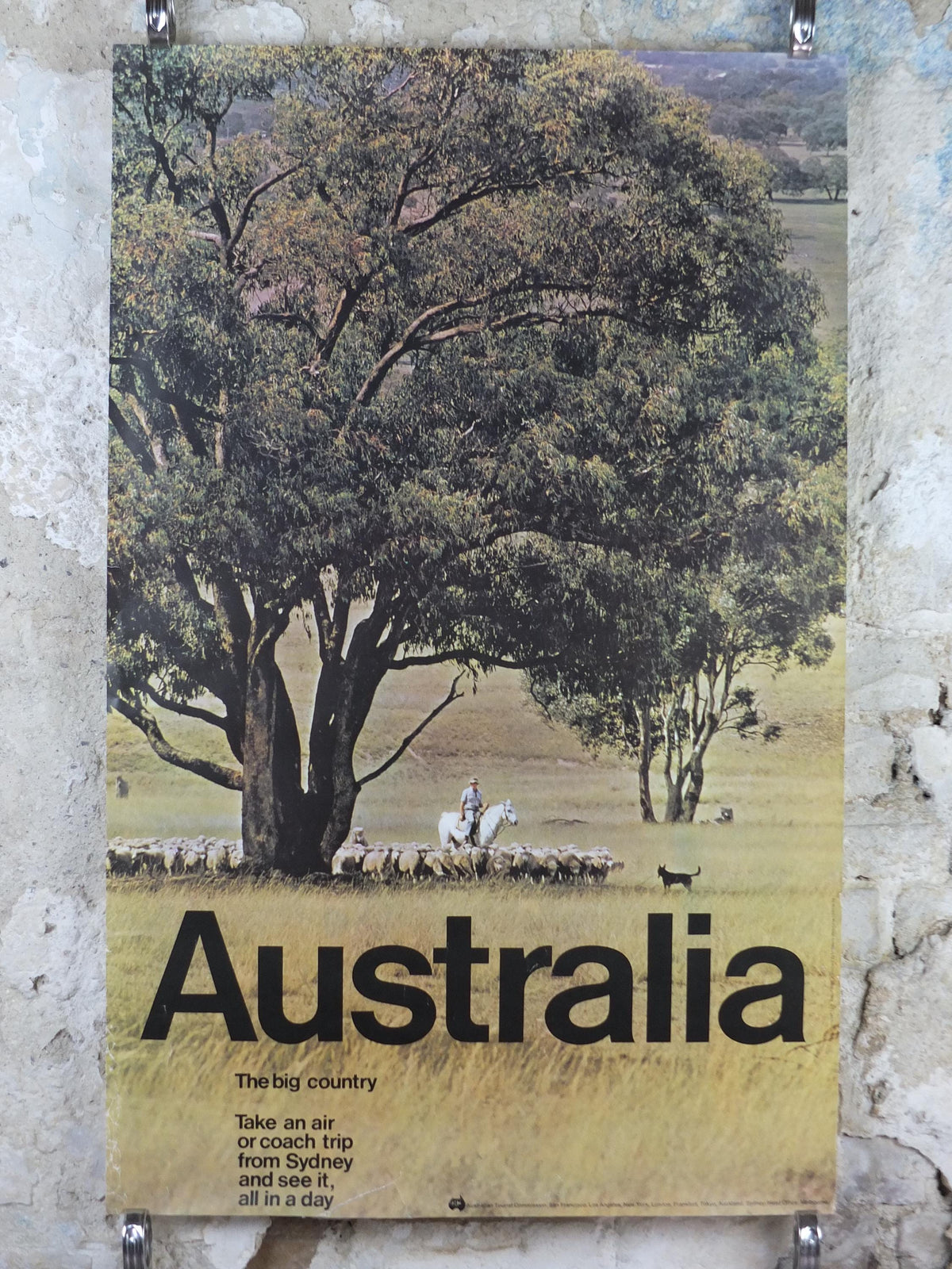 1969 Australia Outback Poster, The Big Country, Sheep farmer on horseback, yellow prairie haze, travel & tourism wall art decor