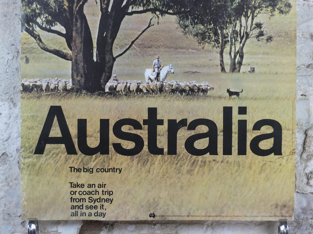 1969 Australia Outback Poster, The Big Country, Sheep farmer on horseback, yellow prairie haze, travel & tourism wall art decor
