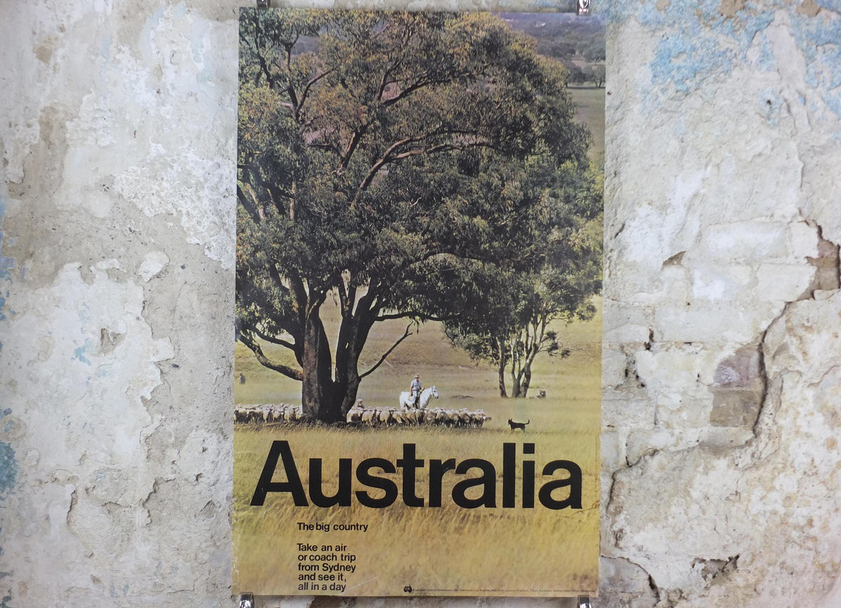 1969 Australia Outback Poster, The Big Country, Sheep farmer on horseback, yellow prairie haze, travel & tourism wall art decor
