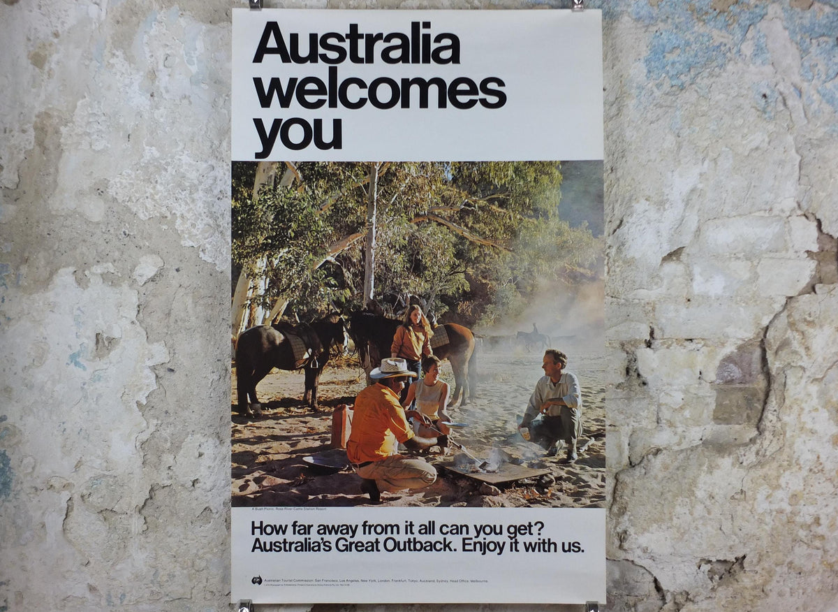 1969 Australia Outback Poster, A bush picnic and BBQ at the Ross River Cattle Station Resort, great outdoors travel & tourism wall art decor