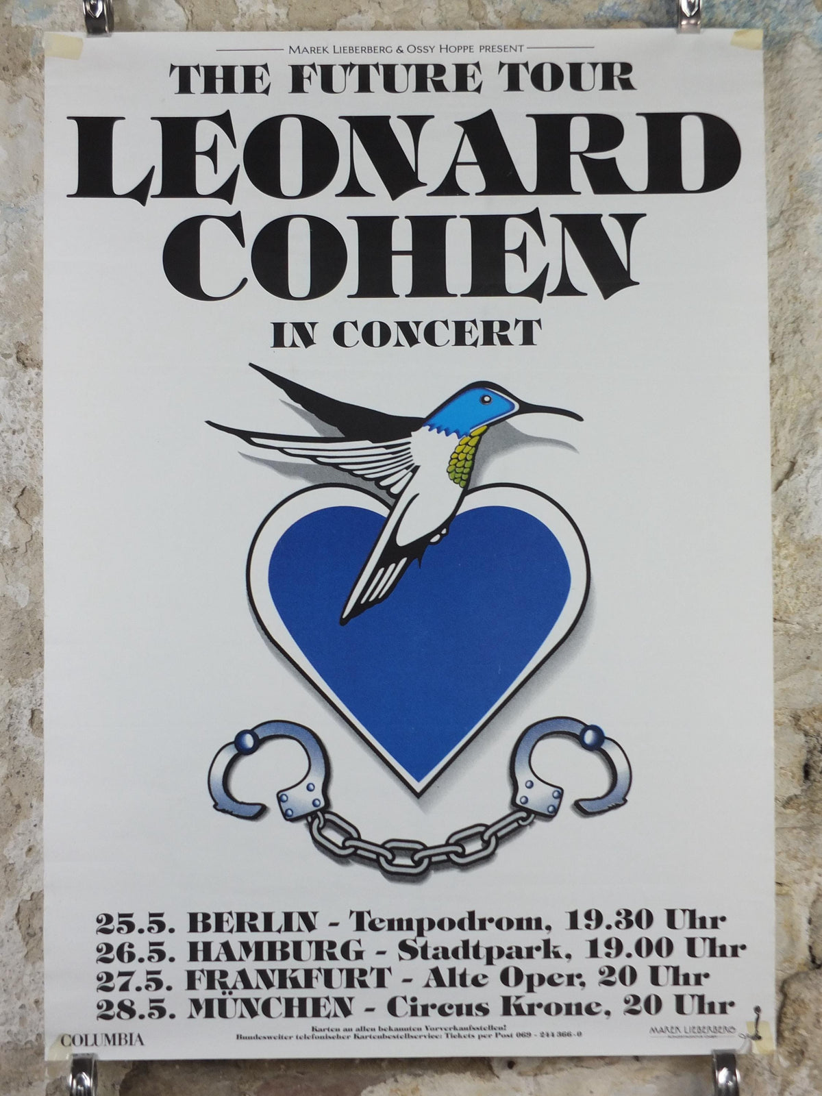 1993 Leonard Cohen Concert Poster, The Future Tour, German venues, Berlin, Hamburg, Frankfurt, Munich, soft rock & folk music wall art decor