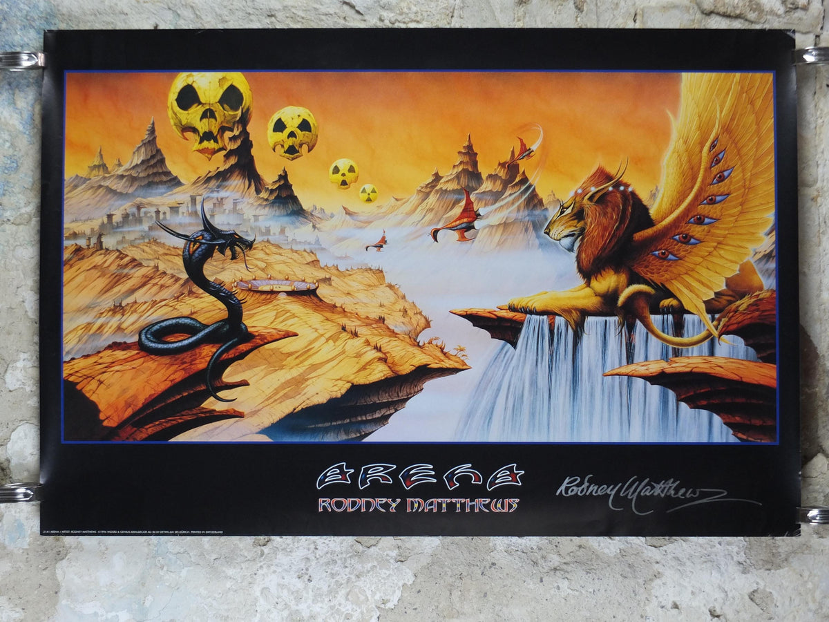 signed 1996 Asia Arena Poster, signed by Rodney Matthews, 4121, epic adventure quest art, Wizards & Genius, fantasy wall art decor