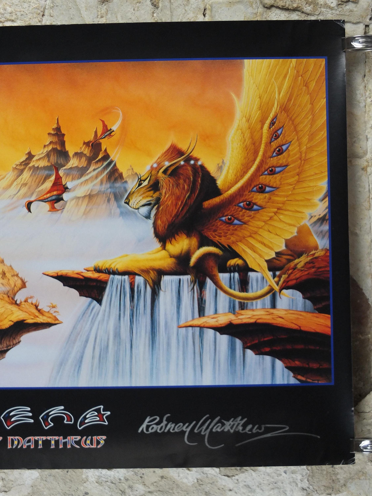 signed 1996 Asia Arena Poster, signed by Rodney Matthews, 4121, epic adventure quest art, Wizards & Genius, fantasy wall art decor