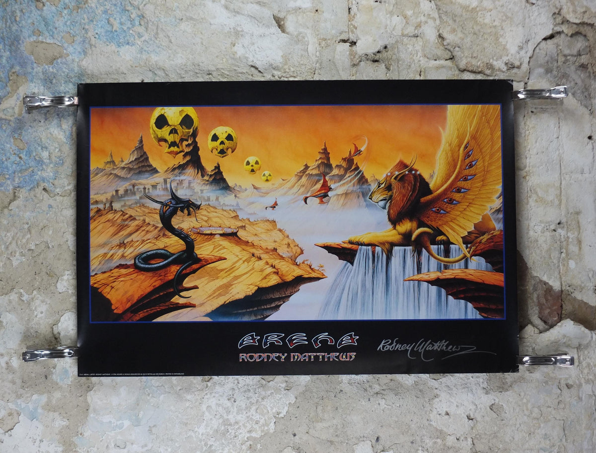 signed 1996 Asia Arena Poster, signed by Rodney Matthews, 4121, epic adventure quest art, Wizards & Genius, fantasy wall art decor