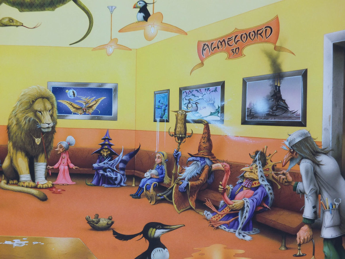 2013 Vet waiting room Poster, hand signed by Rodney Matthews, a pet surgery waiting room full of fantastical animals, fantasy wall art decor