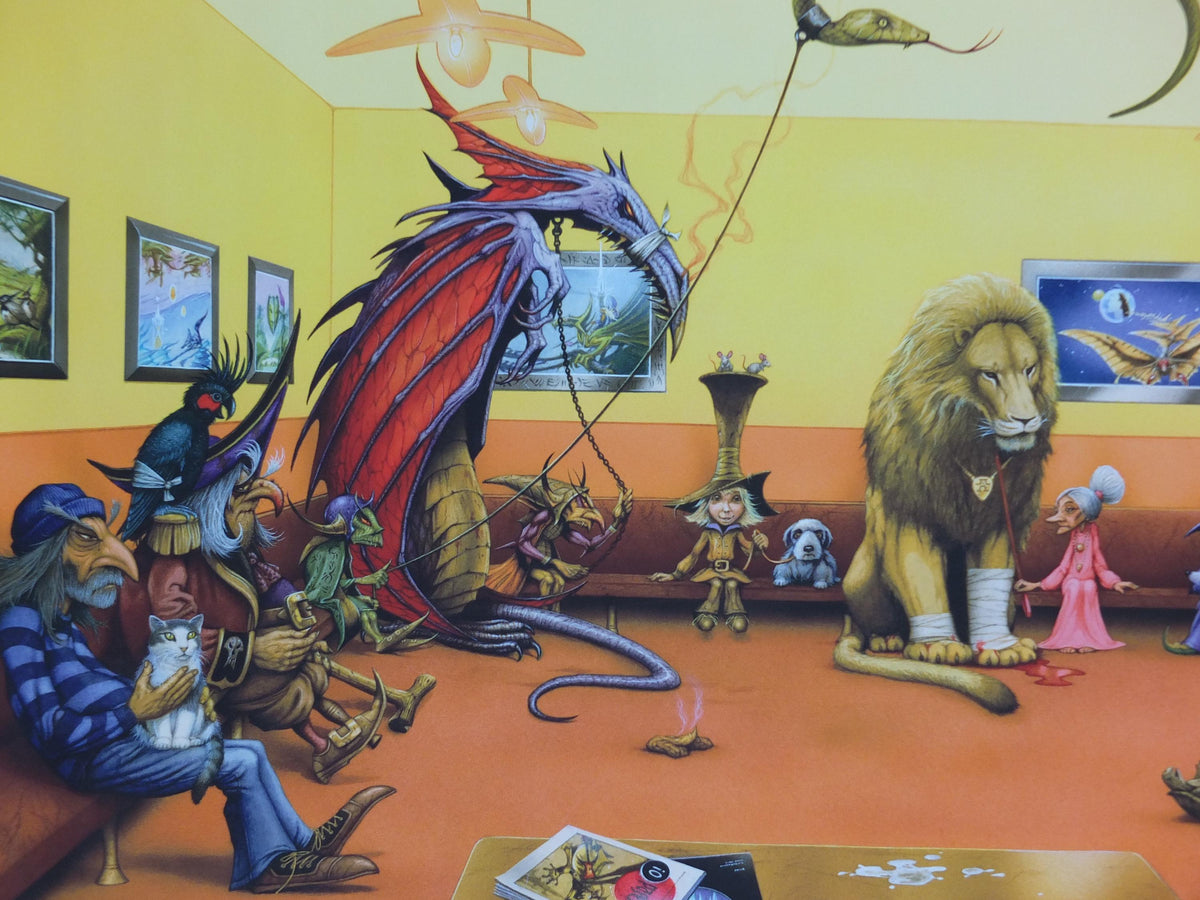 2013 Vet waiting room Poster, hand signed by Rodney Matthews, a pet surgery waiting room full of fantastical animals, fantasy wall art decor