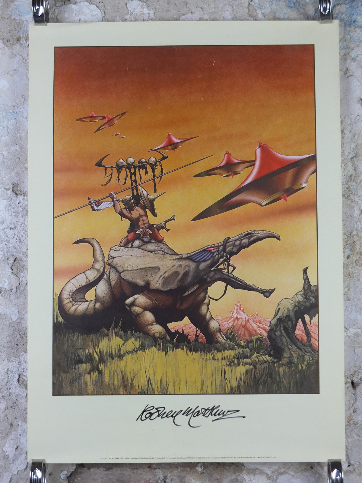 1977 signed Rodney Matthews Poster, Out of an Amber Sky, GA70 epic adventure quest art, Big O Posters, fantasy wall art decor