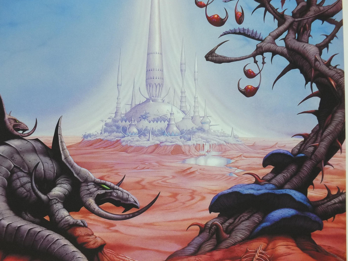 signed 2007 Magnum Chase the Dragon Poster, signed by Rodney Matthews, epic adventure quest art, triceratops dinosaur, scifi wall art decor