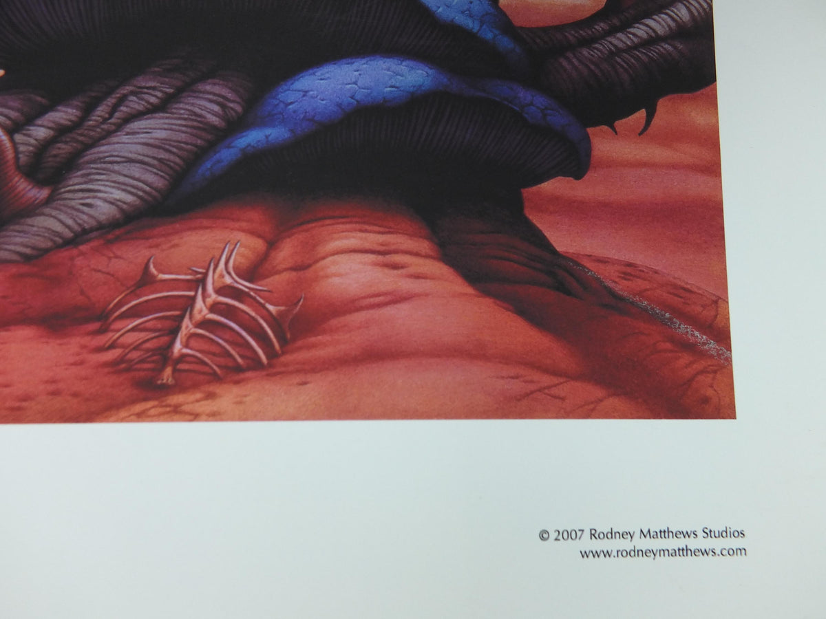 signed 2007 Magnum Chase the Dragon Poster, signed by Rodney Matthews, epic adventure quest art, triceratops dinosaur, scifi wall art decor