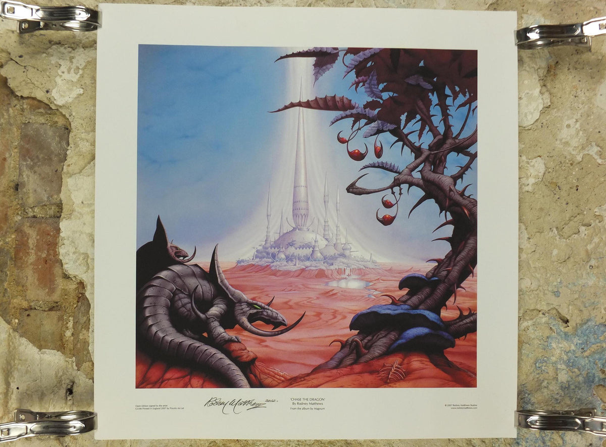 signed 2007 Magnum Chase the Dragon Poster, signed by Rodney Matthews, epic adventure quest art, triceratops dinosaur, scifi wall art decor