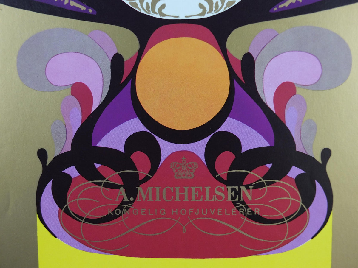 1972 Bjørn Wiinblad Poster, Christmas tea spoons, Gold, Juleskeen, by royal appointment for A Michelsen, advertising wall art decor