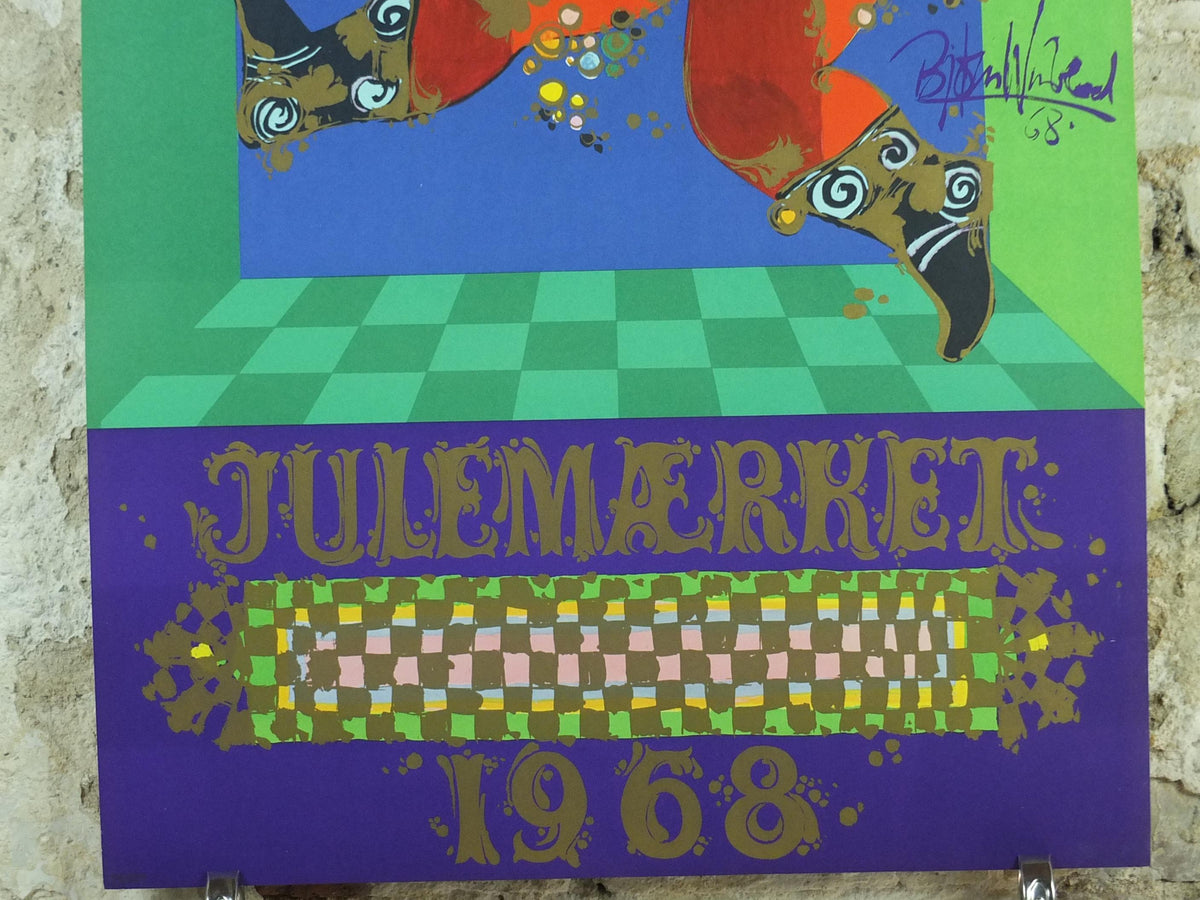 1968 Bjørn Wiinblad Poster, Christmas Market, Julemaerket, Santa Claus horse riding, blowing trumpet, Julemanden advertising wall art decor