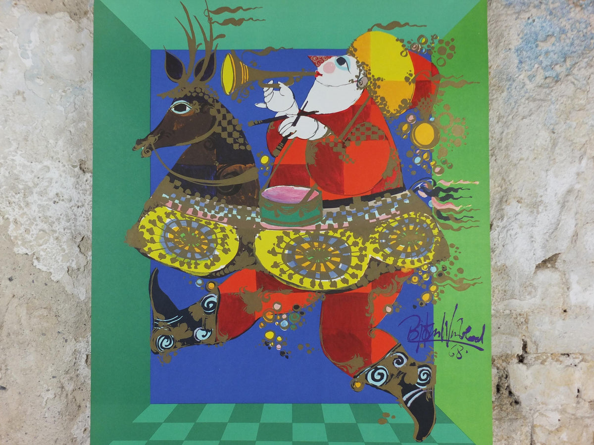 1968 Bjørn Wiinblad Poster, Christmas Market, Julemaerket, Santa Claus horse riding, blowing trumpet, Julemanden advertising wall art decor