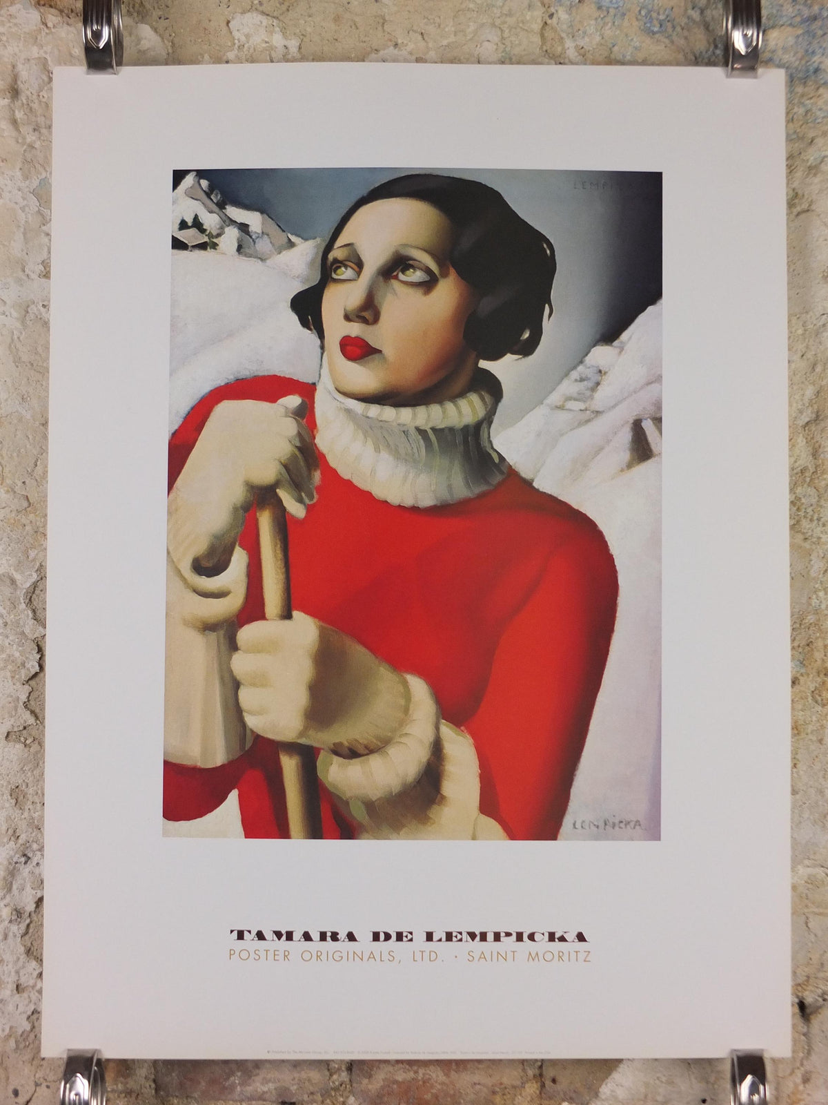 2000 Tamara de Lempicka Poster, St Moritz 1929, Woman in art deco red ski suit, Art Deco Nouveau, cubism neoclassical gallery exhibition, wall art decor